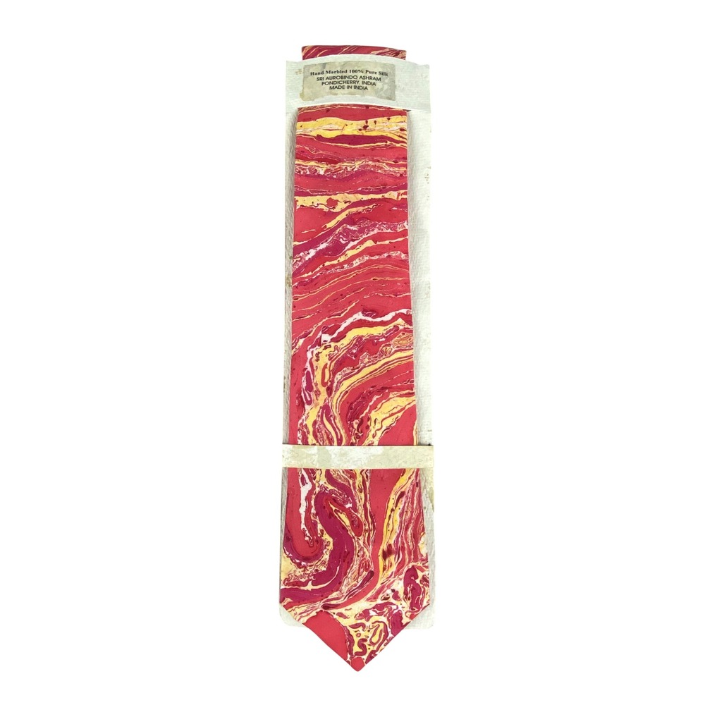 VTG Harmonie Sri Aurobindo Ashram Pure Silk Tie Hand Marbled Pink Gold 58x3" NWT